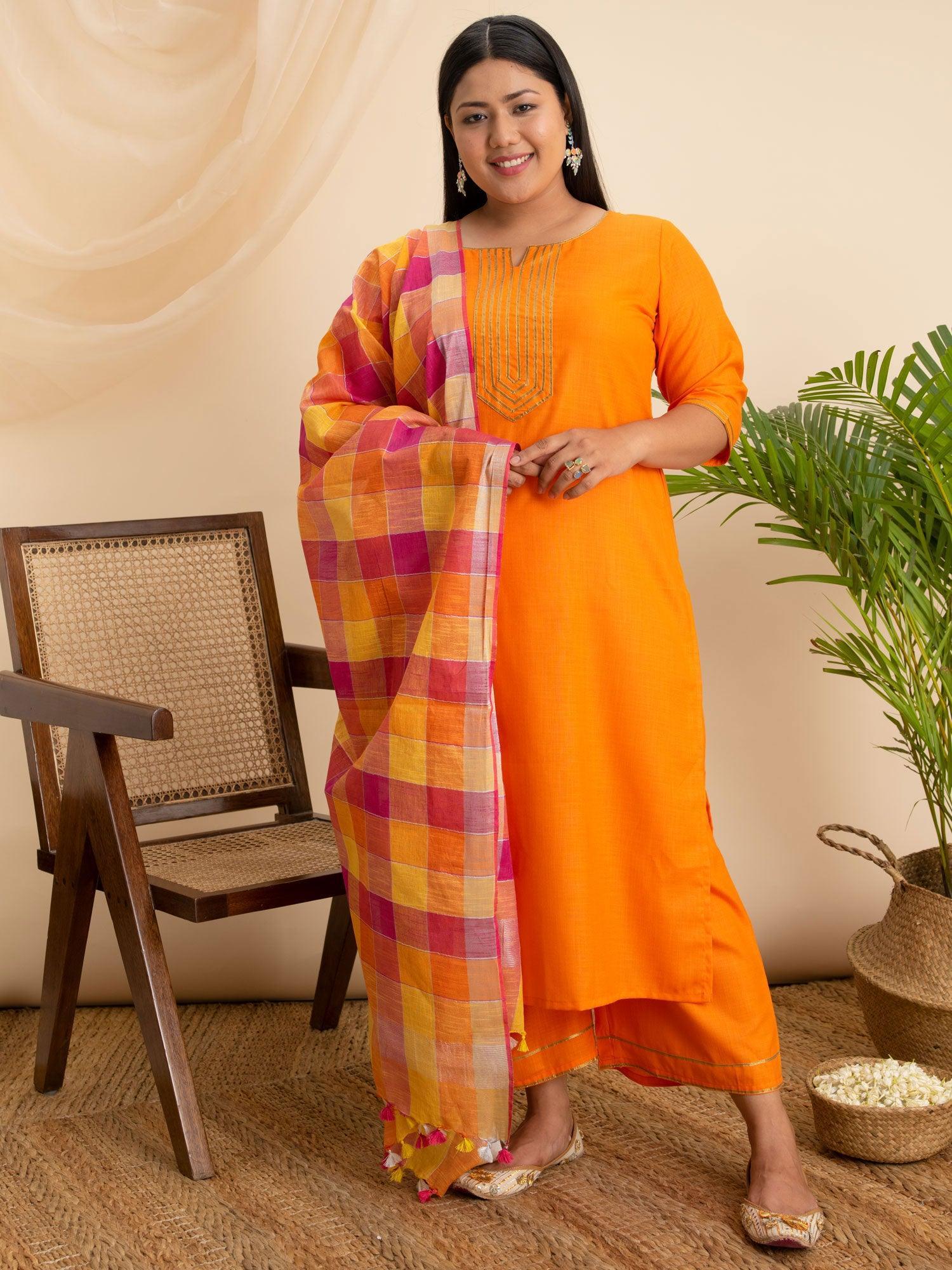 Plus Size Orange Solid Cotton Suit Set