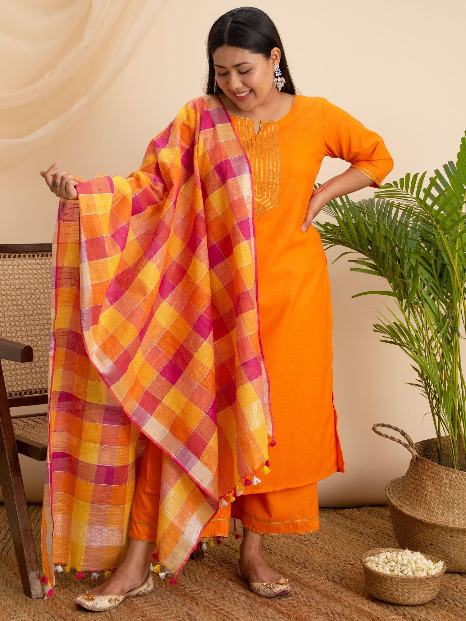 Plus Size Orange Solid Cotton Suit Set