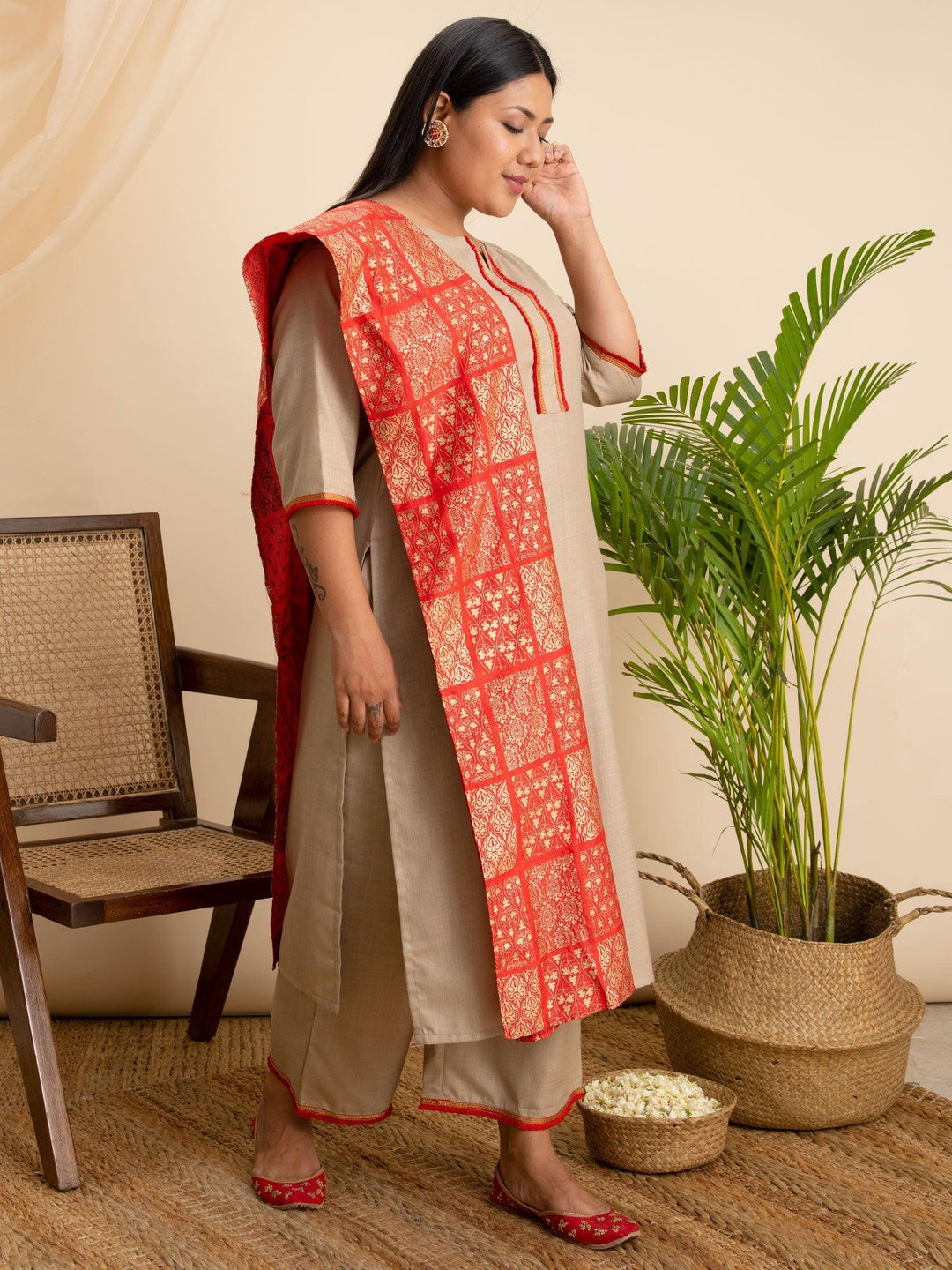 Plus Size Beige Solid Cotton Suit Set - ShopLibas