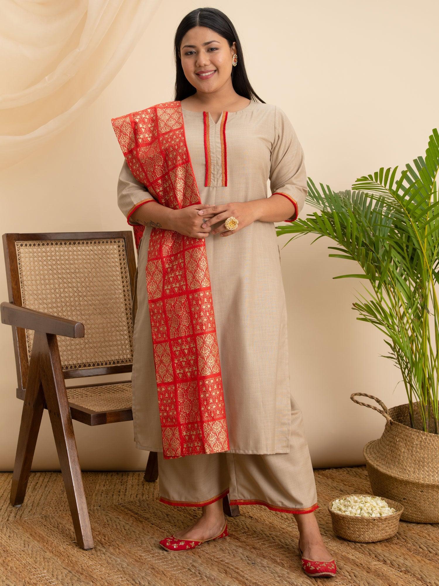 Plus Size Beige Solid Cotton Suit Set