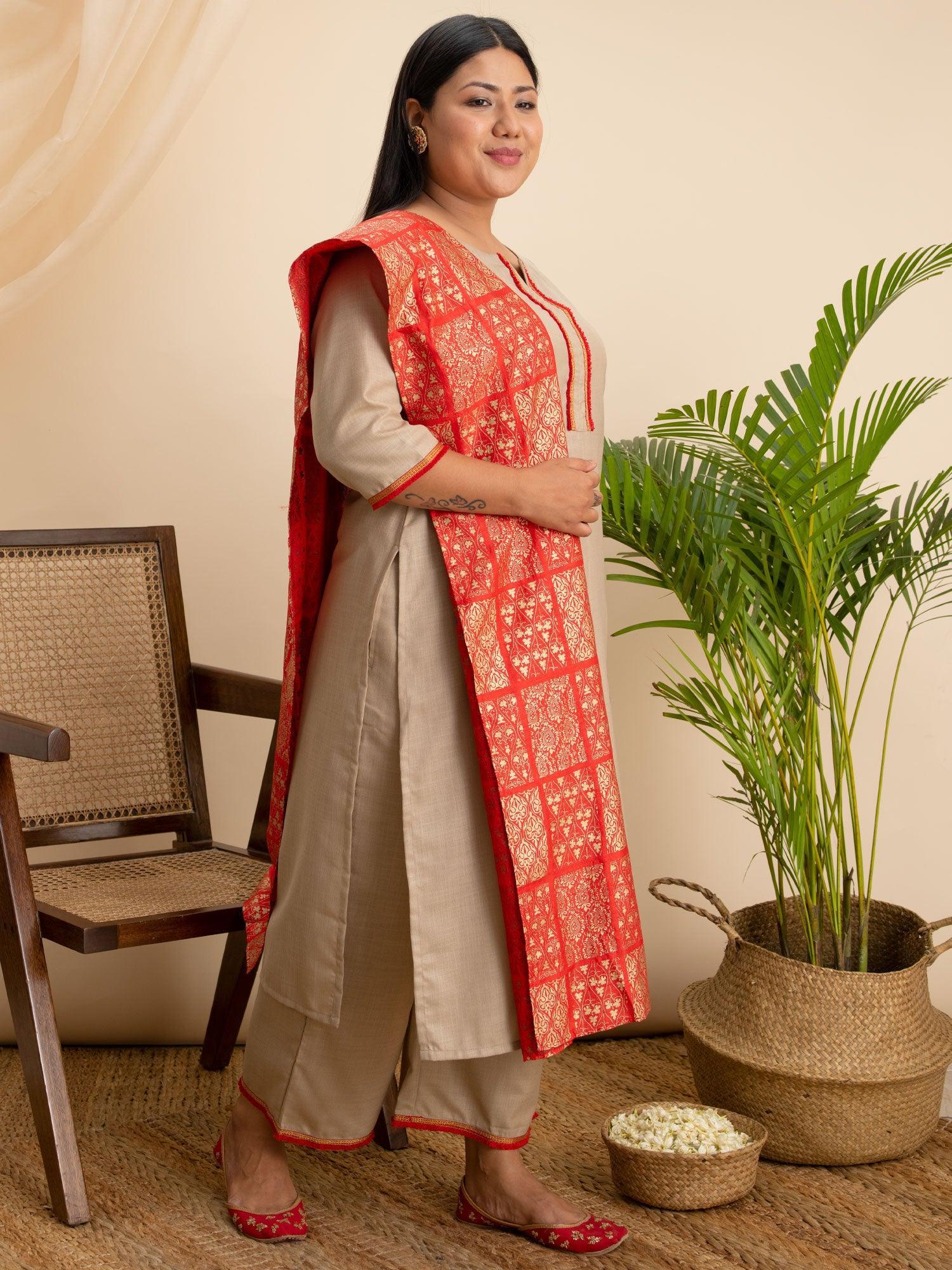 Plus Size Beige Solid Cotton Suit Set