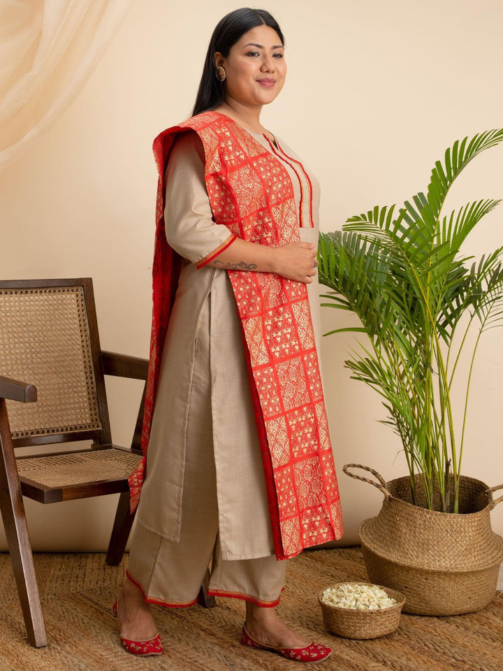 Plus Size Beige Solid Cotton Suit Set - ShopLibas