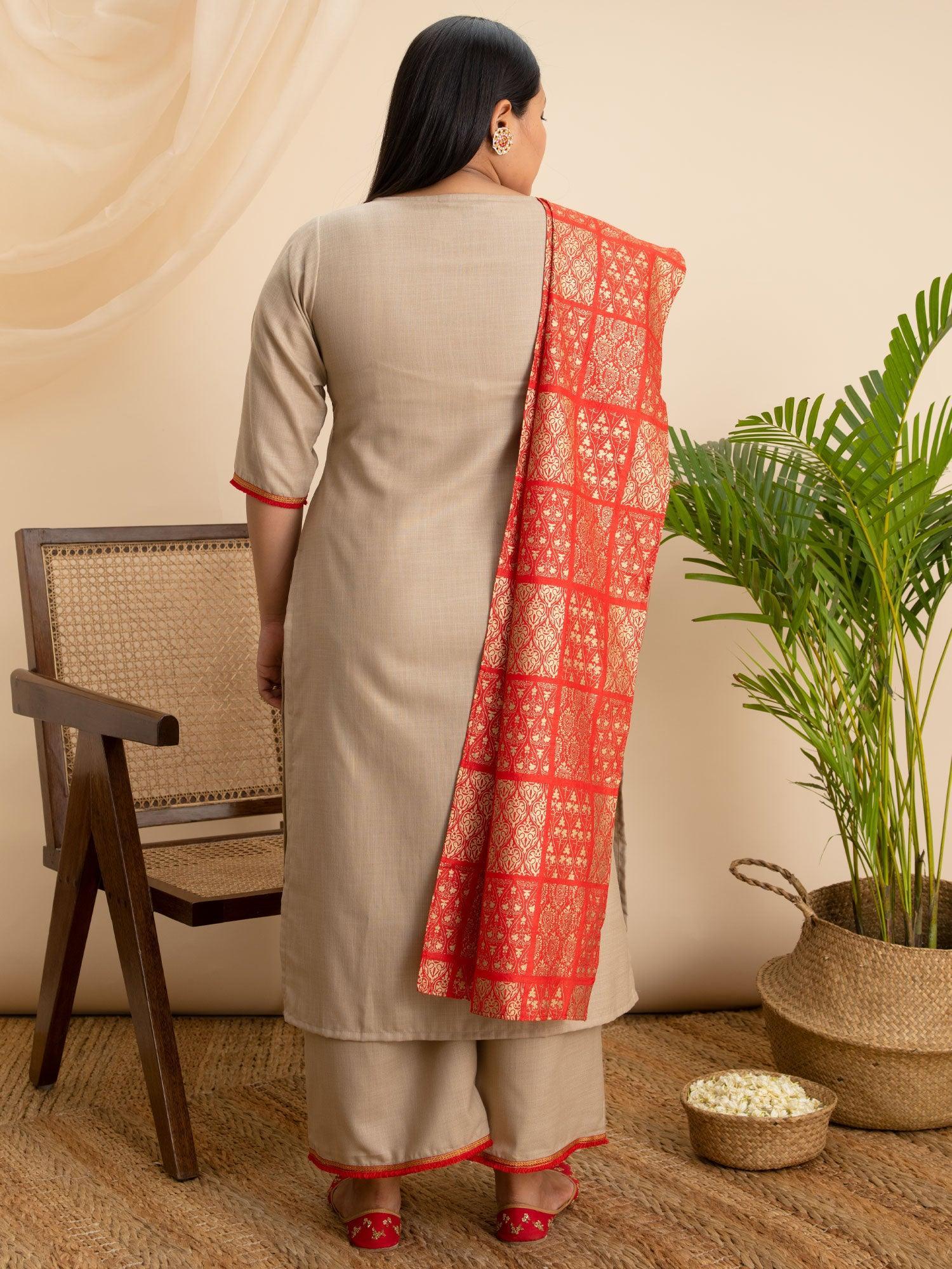 Plus Size Beige Solid Cotton Suit Set