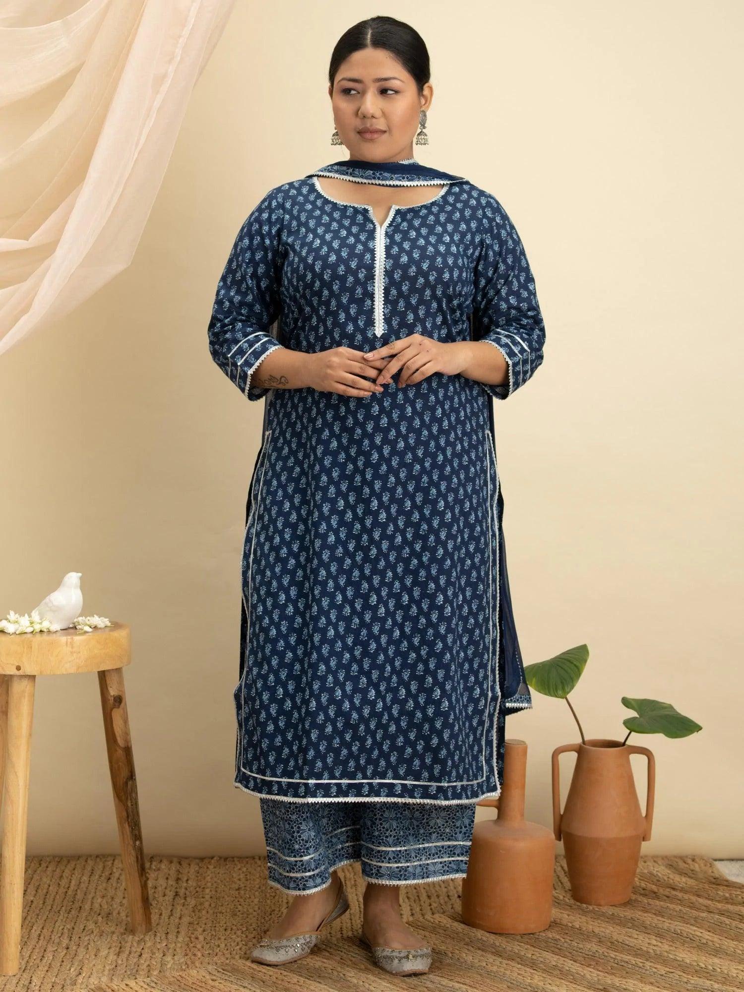 Plus Size Blue Printed Cotton Suit Set