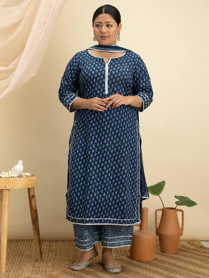 Plus Size Blue Printed Cotton Suit Set - ShopLibas