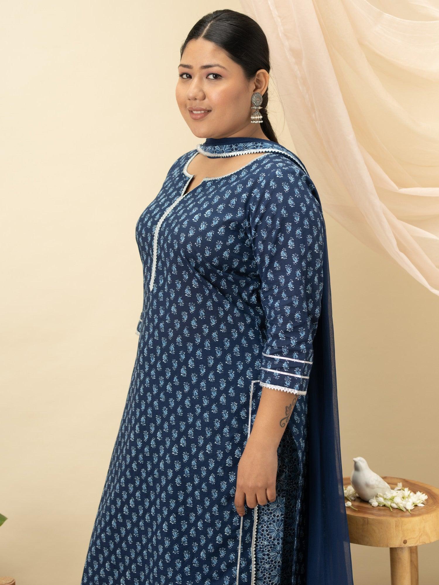 Plus Size Blue Printed Cotton Suit Set