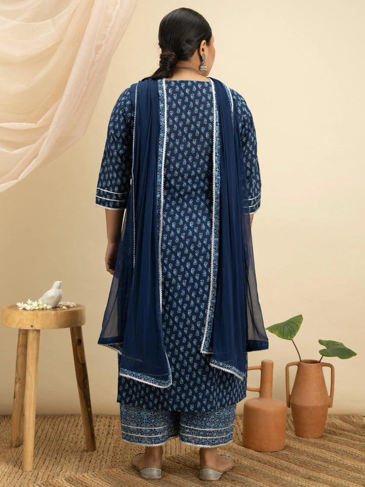 Plus Size Blue Printed Cotton Suit Set - ShopLibas