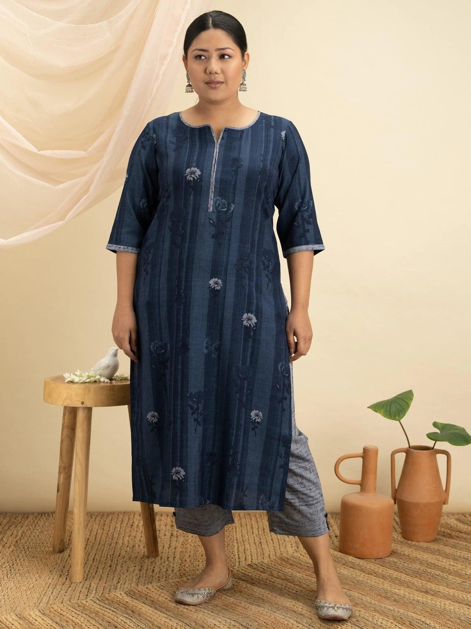 Plus Size Blue Printed Rayon Kurta Set