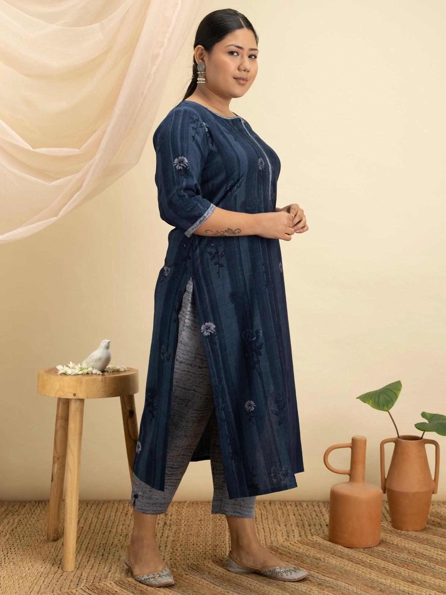 Plus Size Blue Printed Rayon Kurta Set