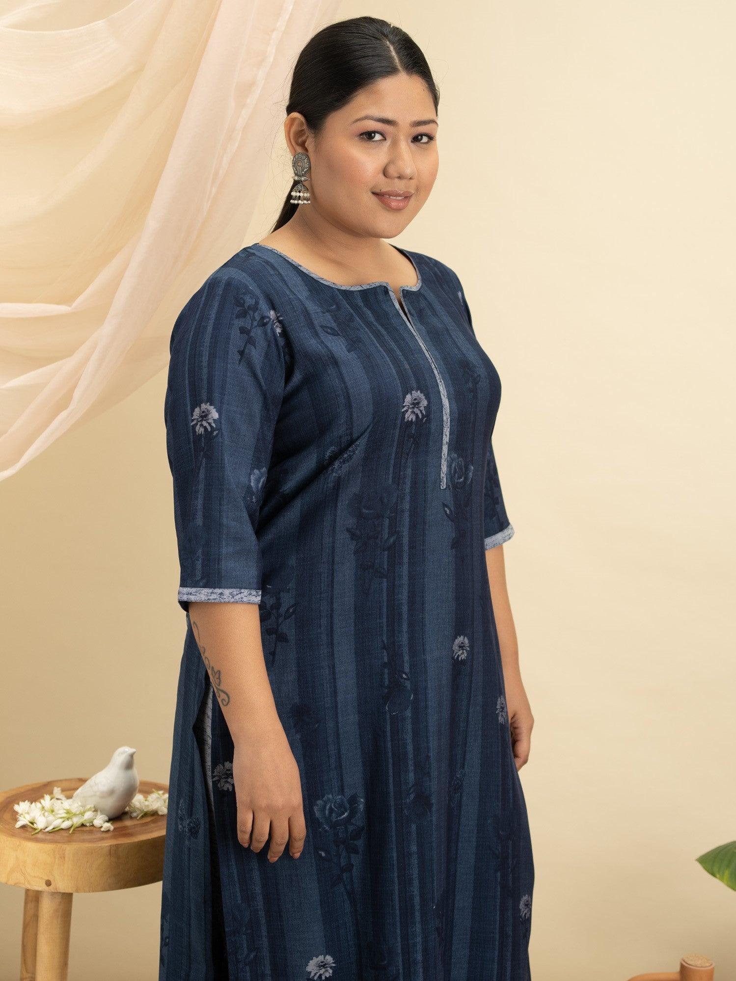 Plus Size Blue Printed Rayon Kurta Set