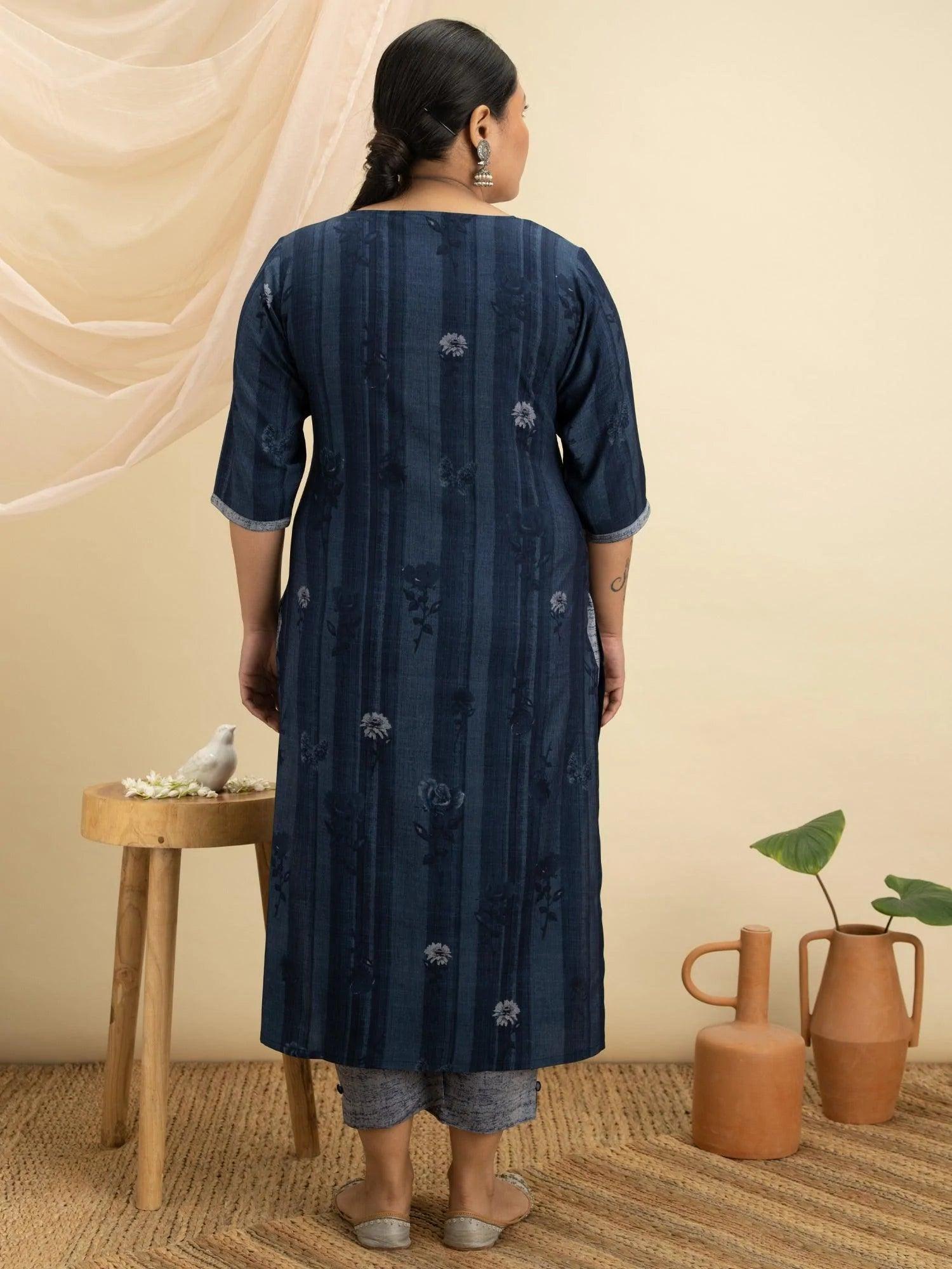 Plus Size Blue Printed Rayon Kurta Set