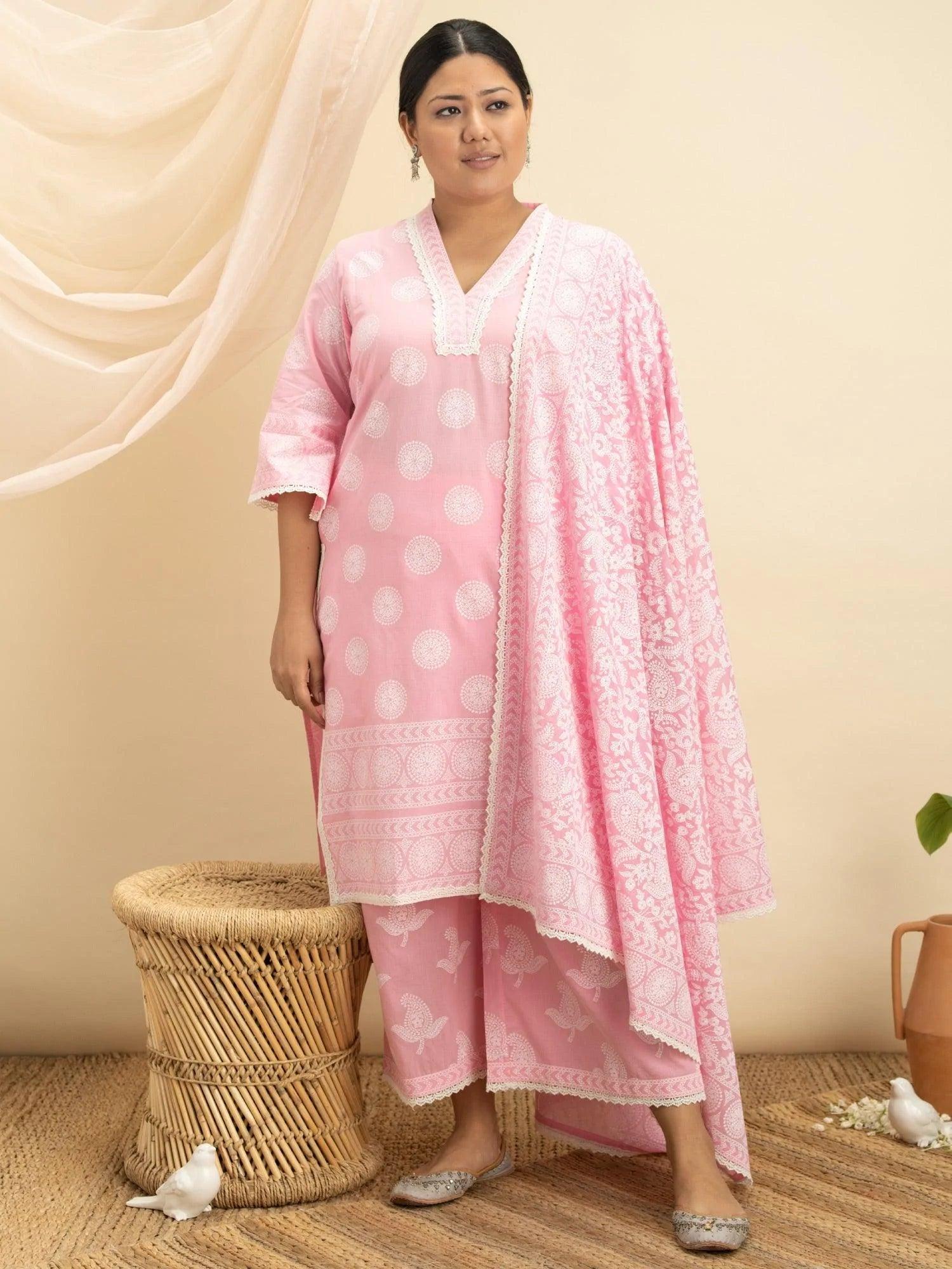 Plus Size Pink Printed Cotton Suit Set