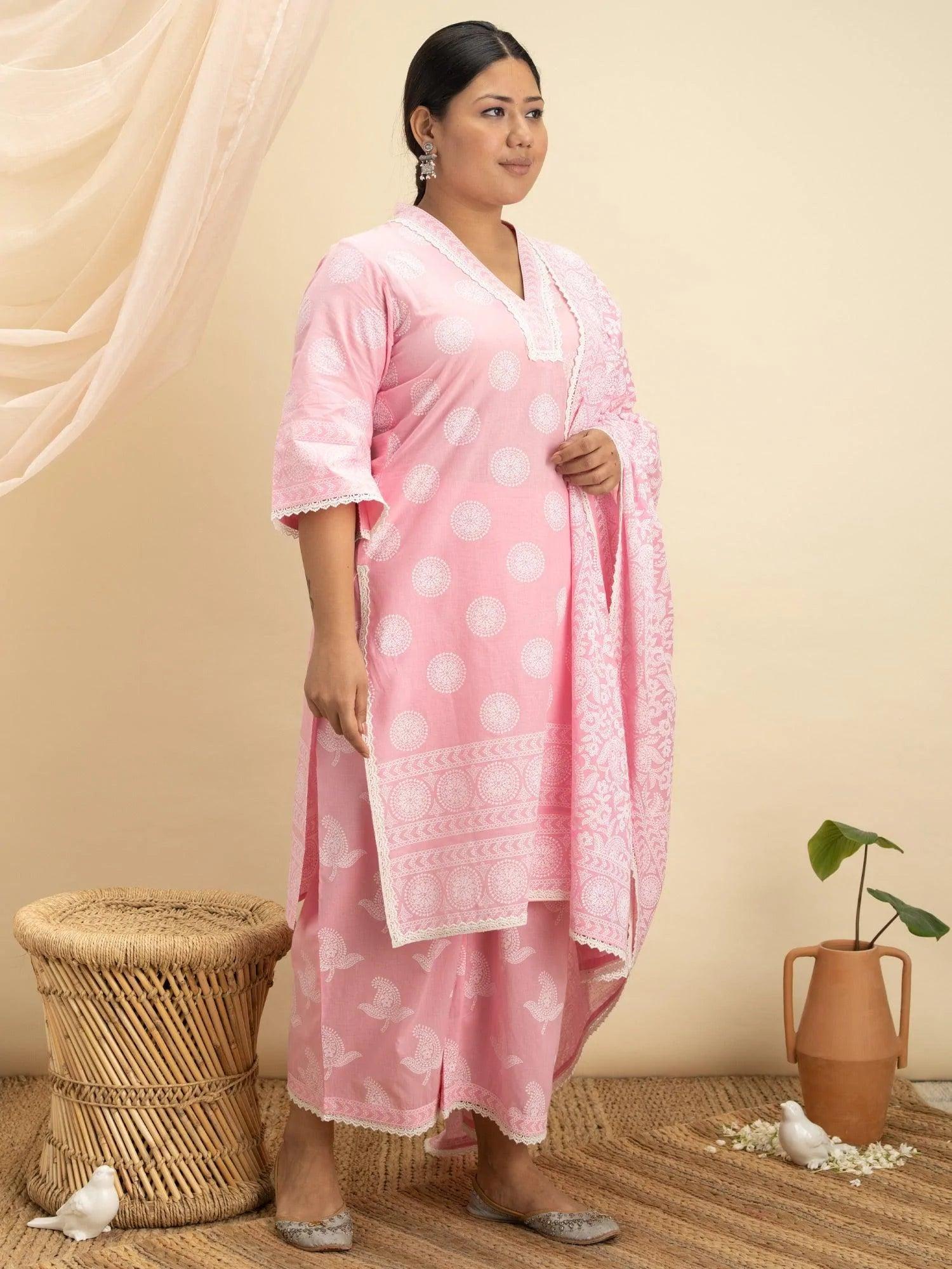 Plus Size Pink Printed Cotton Suit Set