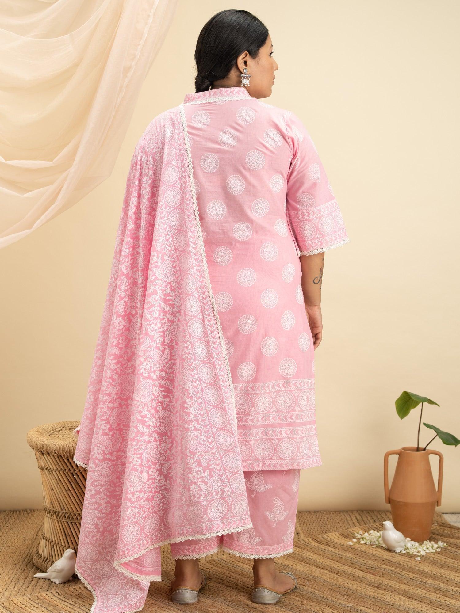 Plus Size Pink Printed Cotton Suit Set