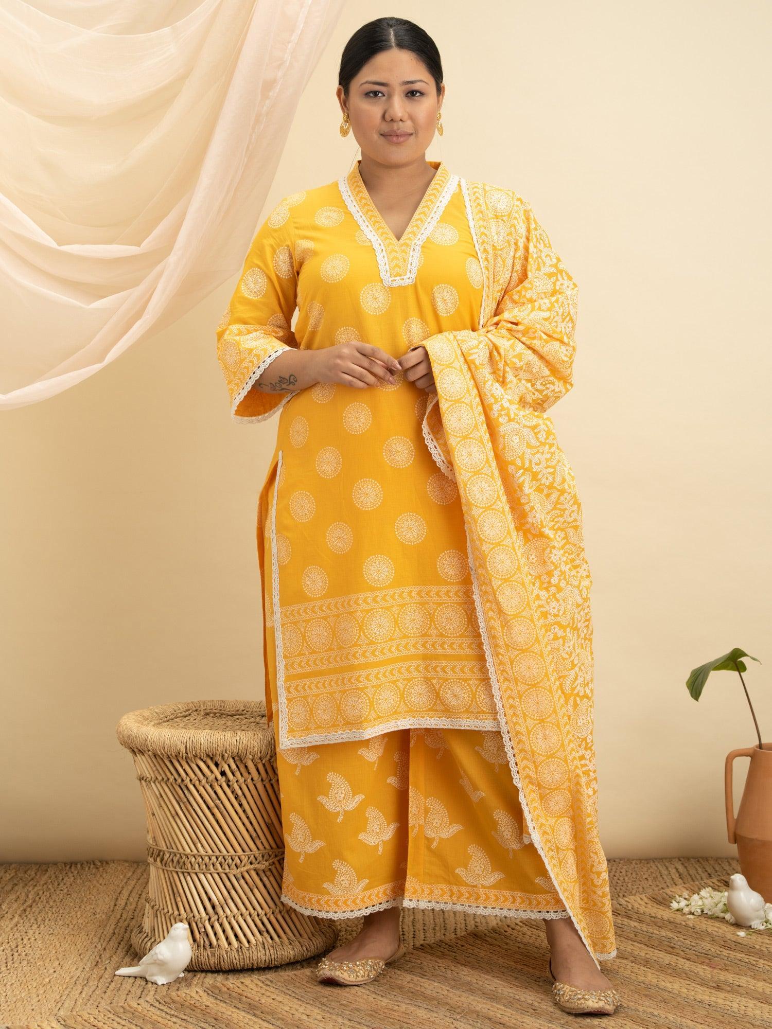 Plus Size Yellow Printed Cotton Suit Set