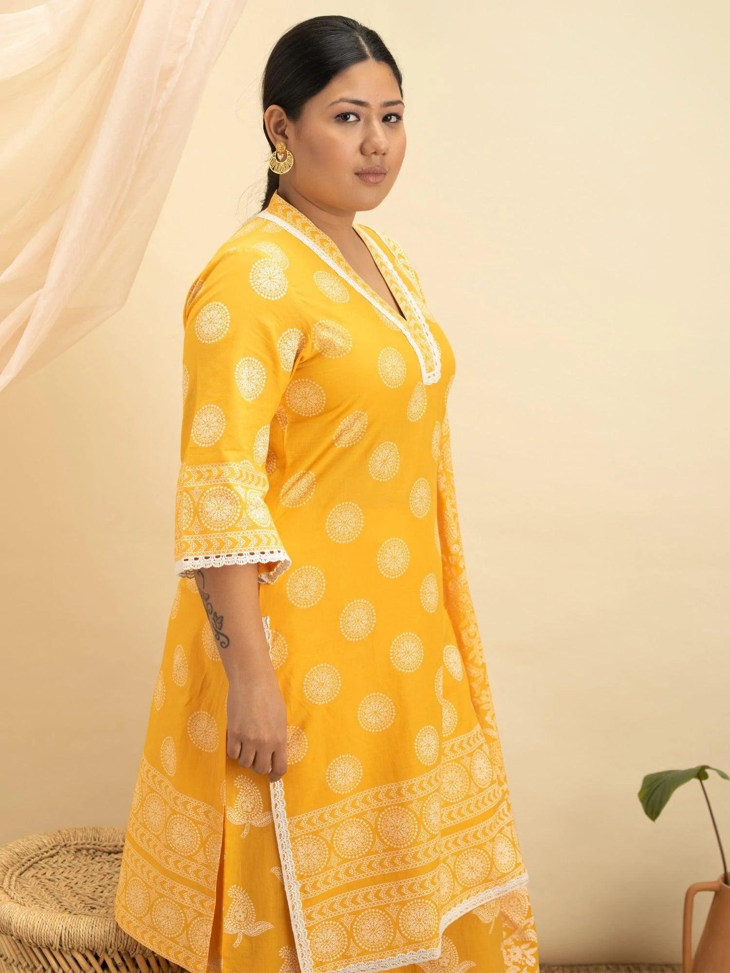 Plus Size Yellow Printed Cotton Suit Set