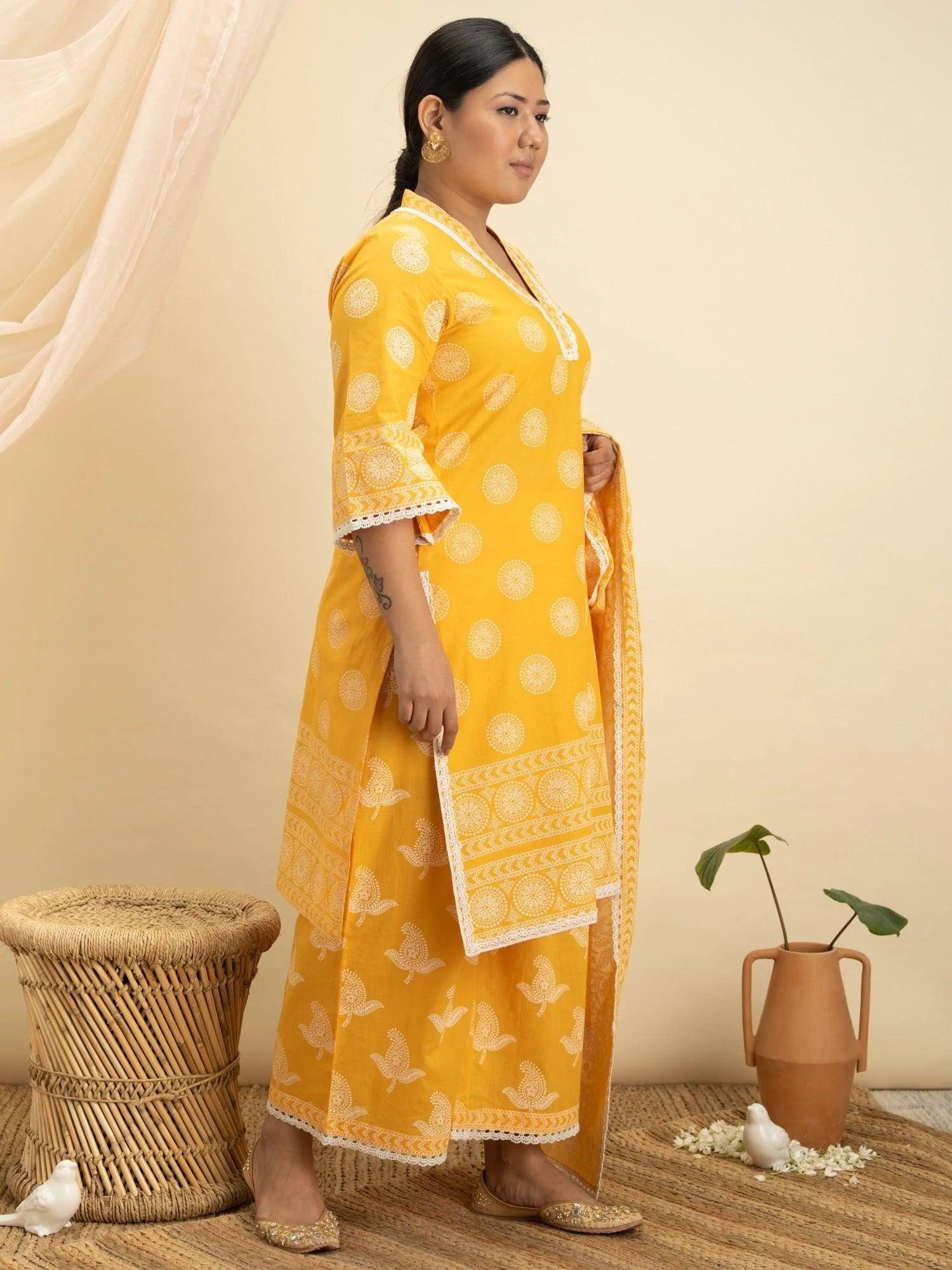 Plus Size Yellow Printed Cotton Suit Set