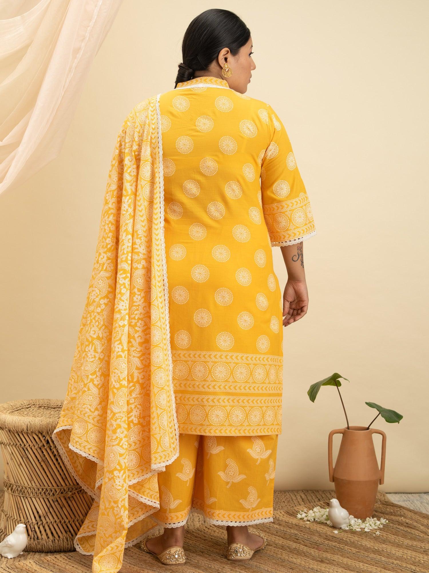 Plus Size Yellow Printed Cotton Suit Set