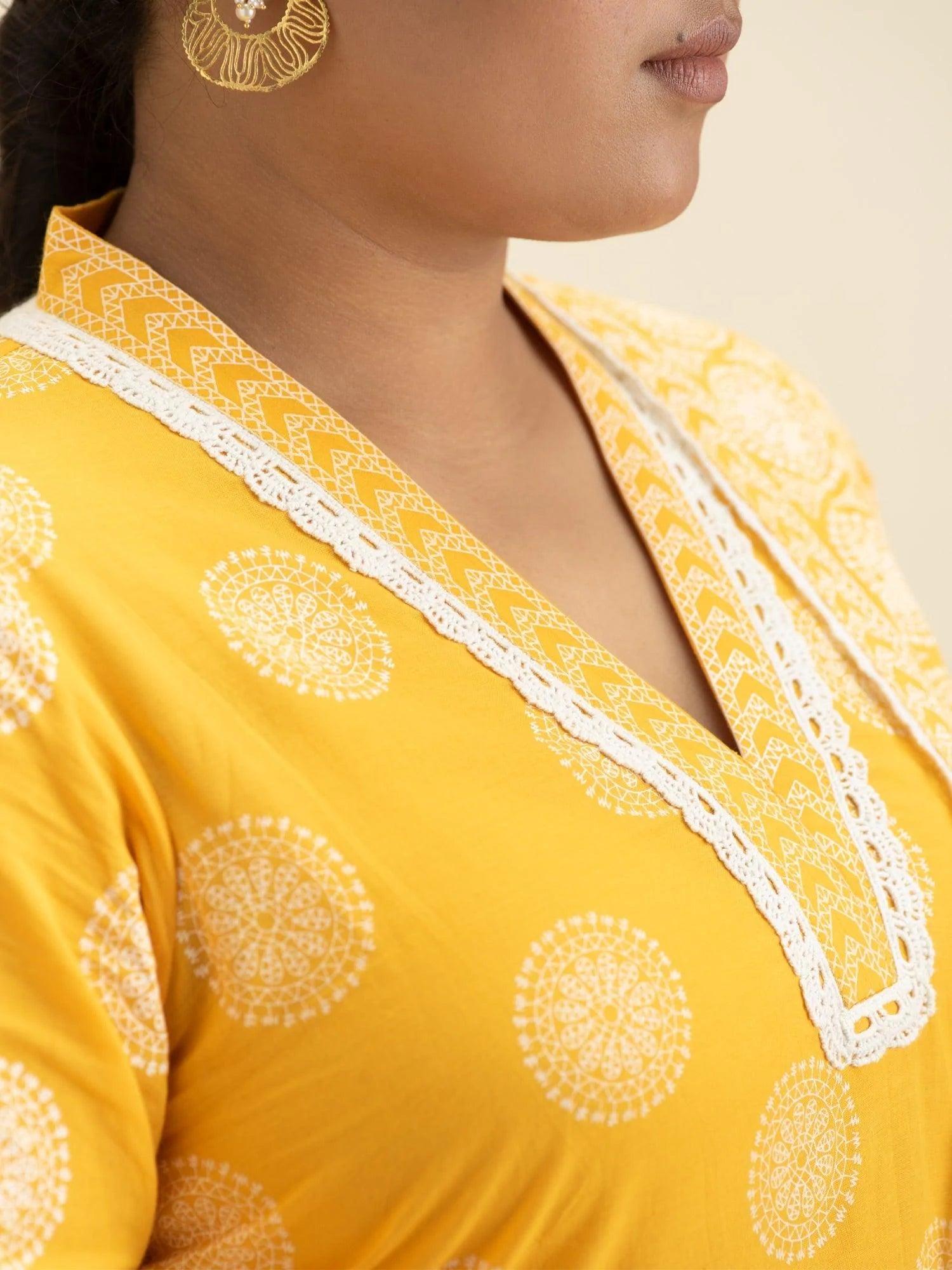 Plus Size Yellow Printed Cotton Suit Set