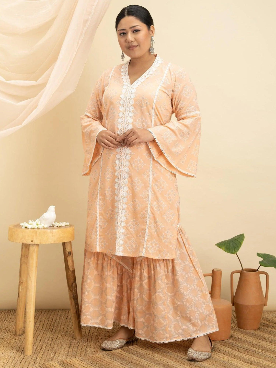 Plus Size Peach Printed Cotton Kurta Set - ShopLibas