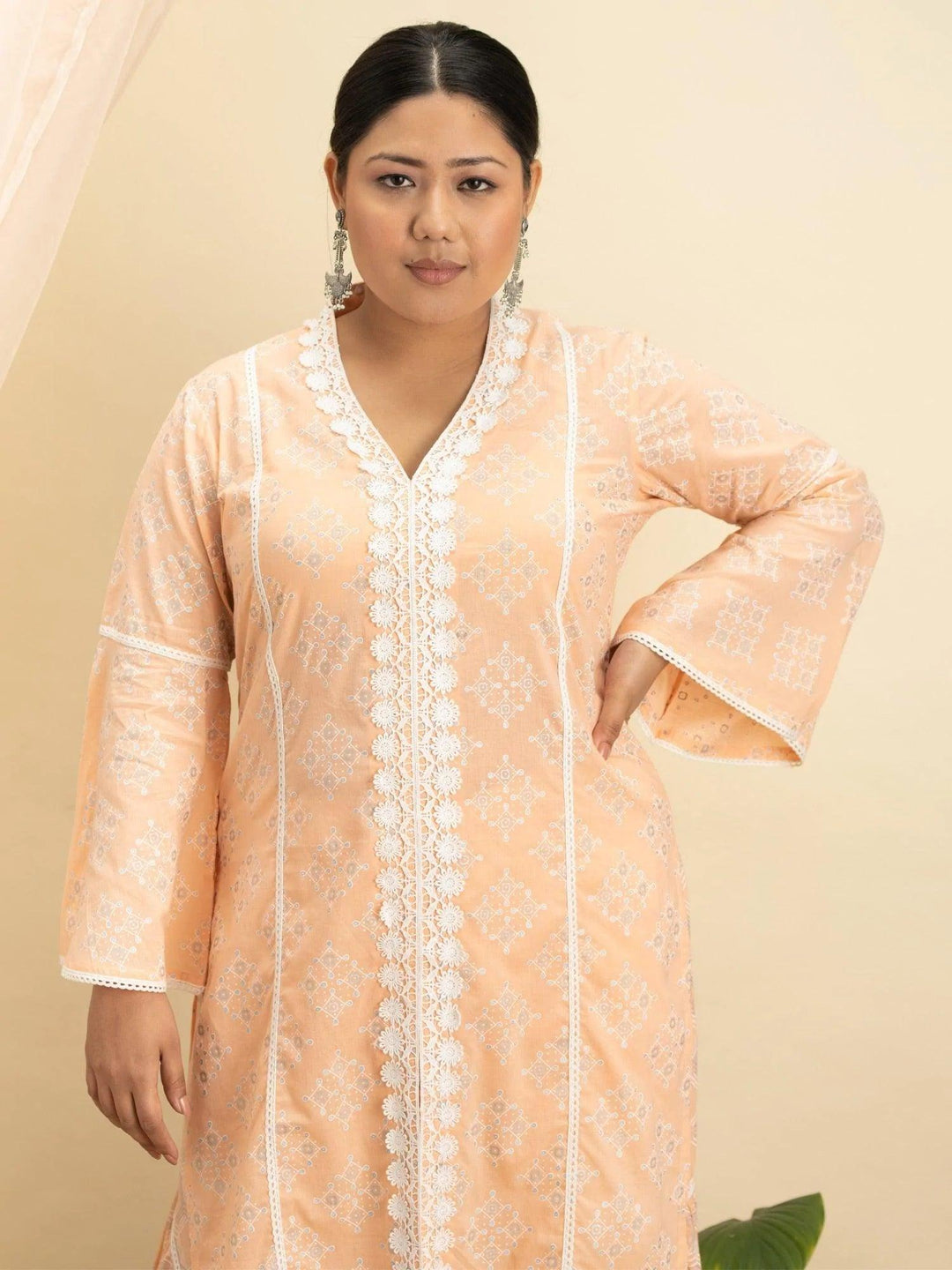 Plus Size Peach Printed Cotton Kurta Set - ShopLibas