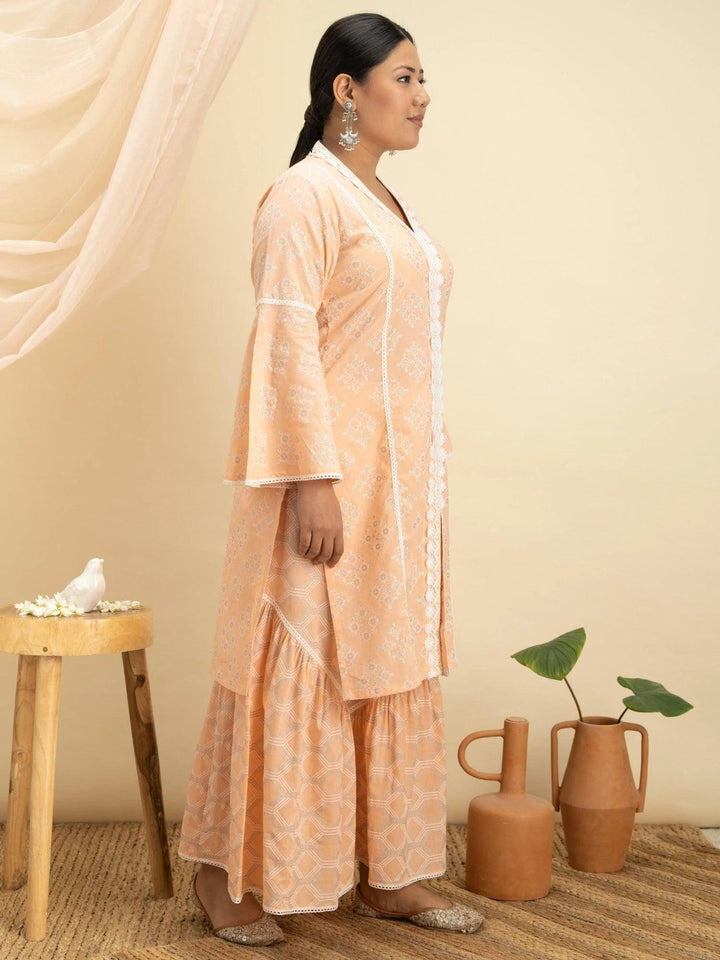 Plus Size Peach Printed Cotton Kurta Set - ShopLibas