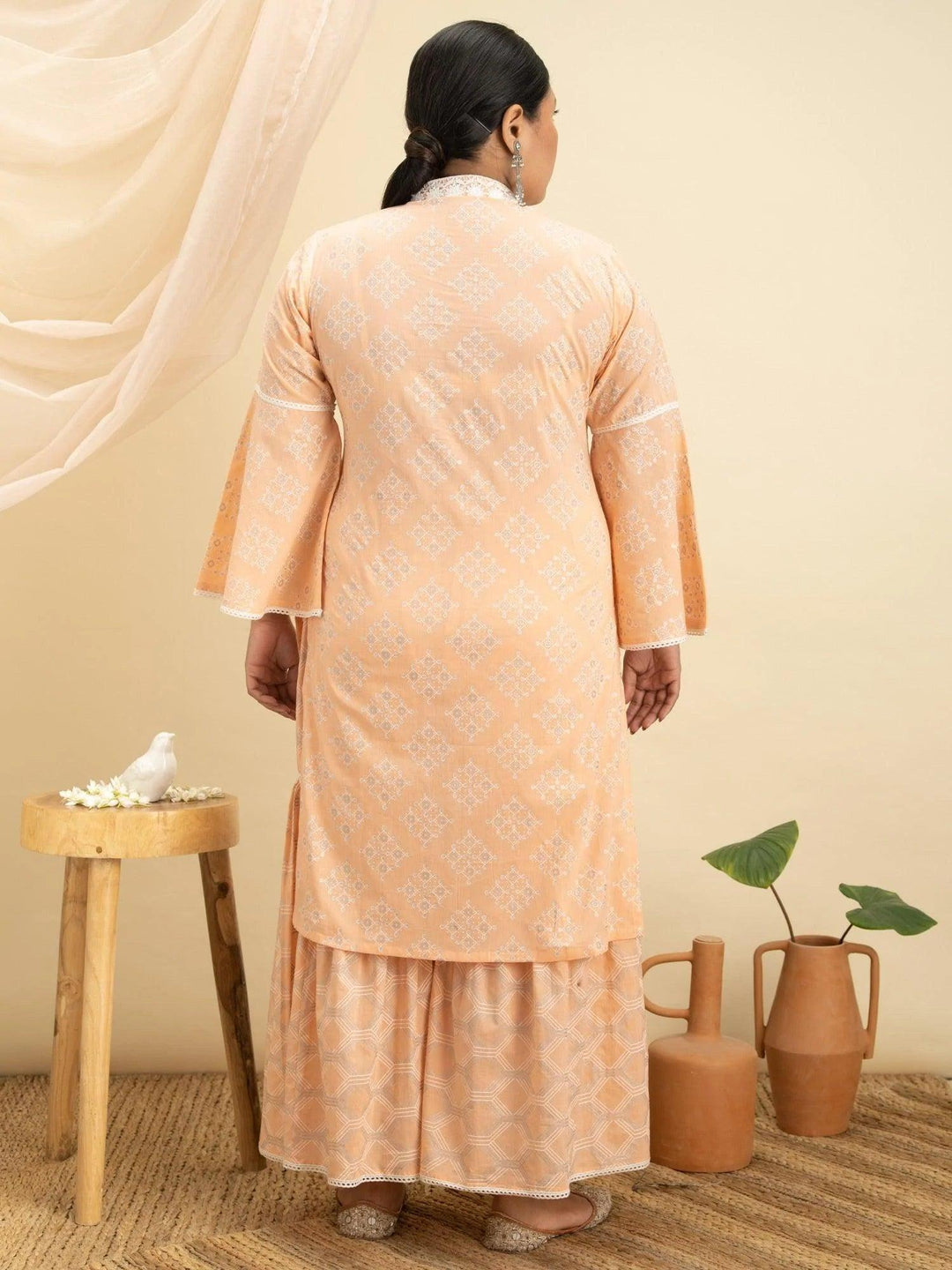 Plus Size Peach Printed Cotton Kurta Set - ShopLibas