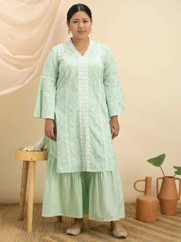 Plus Size Green Printed Cotton Kurta Set - ShopLibas