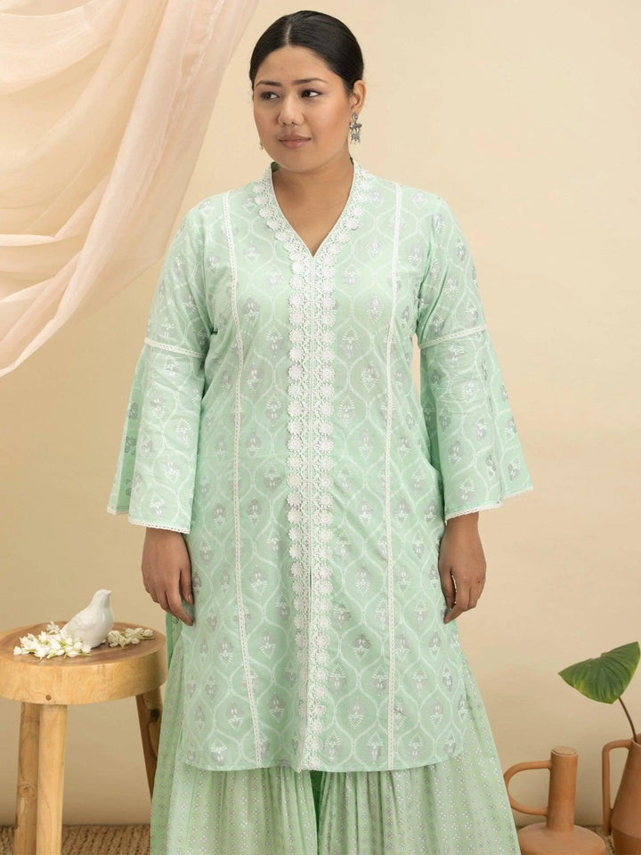 Plus Size Green Printed Cotton Kurta Set - ShopLibas