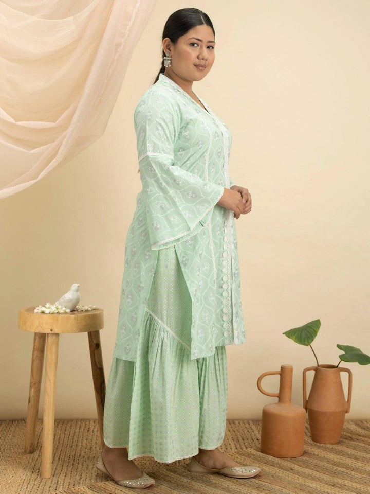 Plus Size Green Printed Cotton Kurta Set - ShopLibas