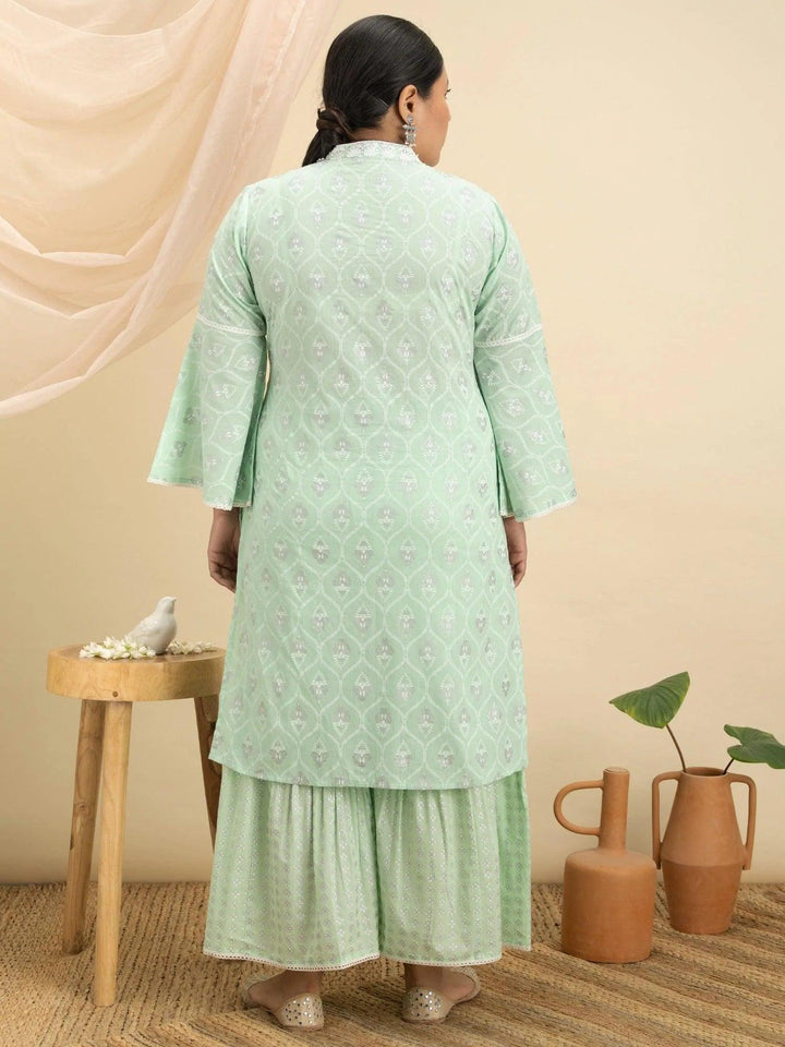 Plus Size Green Printed Cotton Kurta Set - ShopLibas