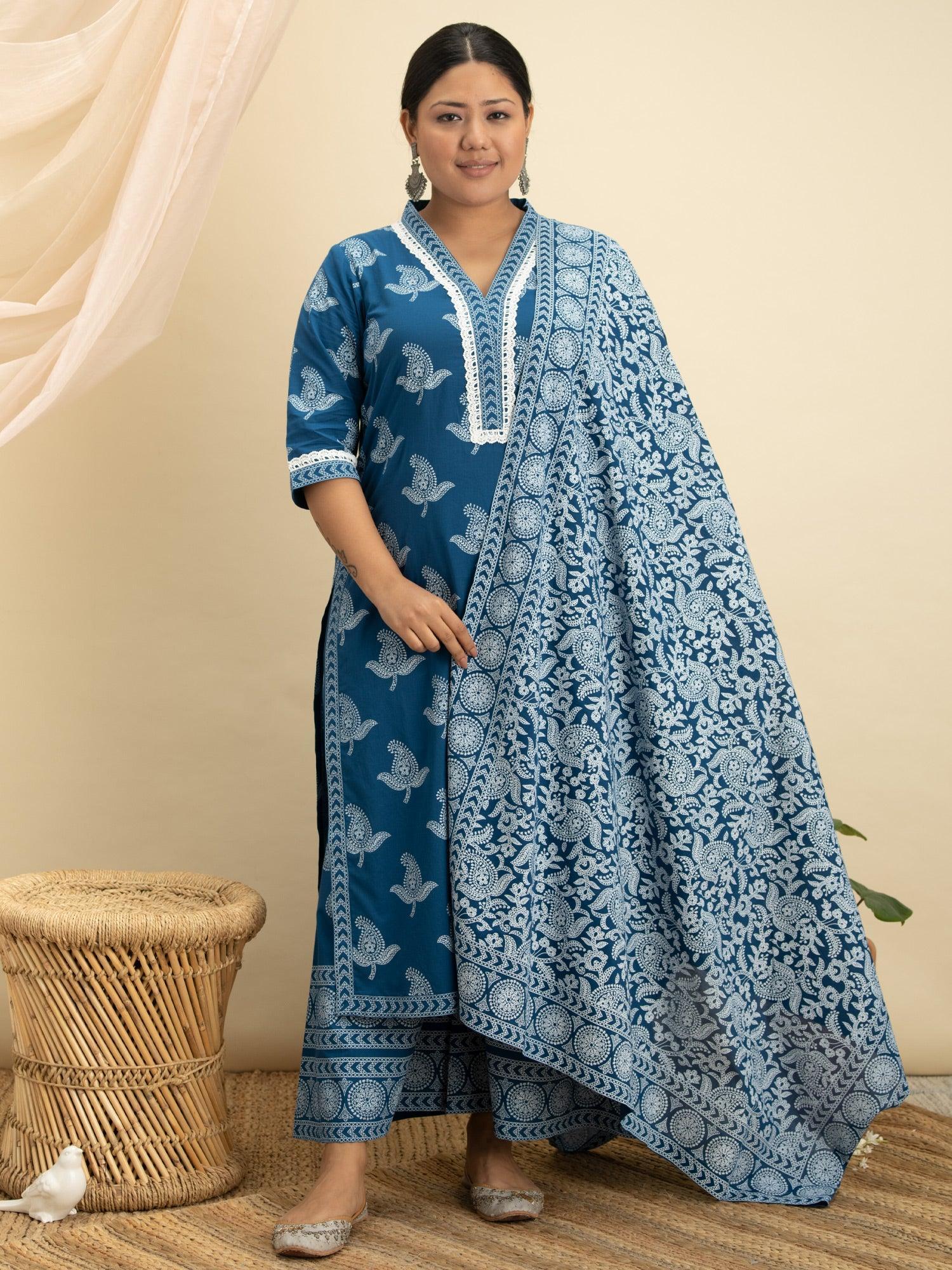 Plus Size Blue Printed Cotton Suit Set