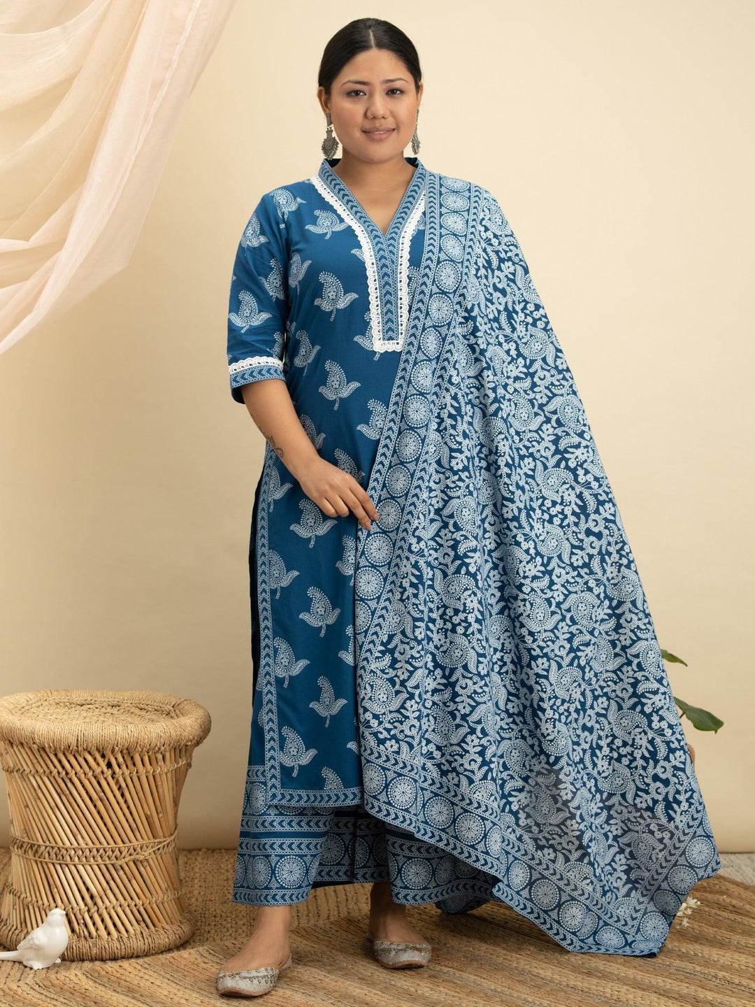 Plus Size Blue Printed Cotton Suit Set - ShopLibas