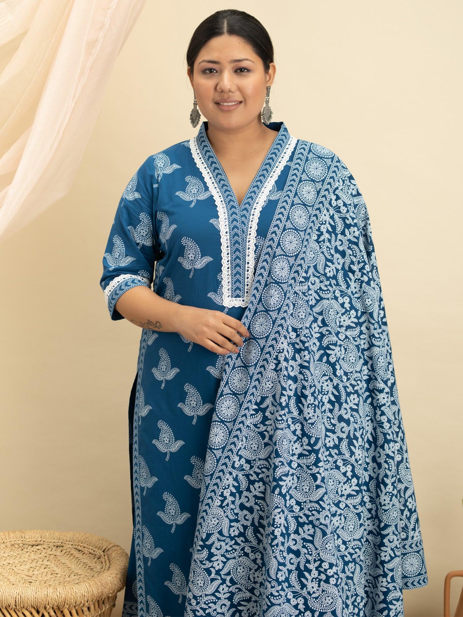 Plus Size Blue Printed Cotton Suit Set