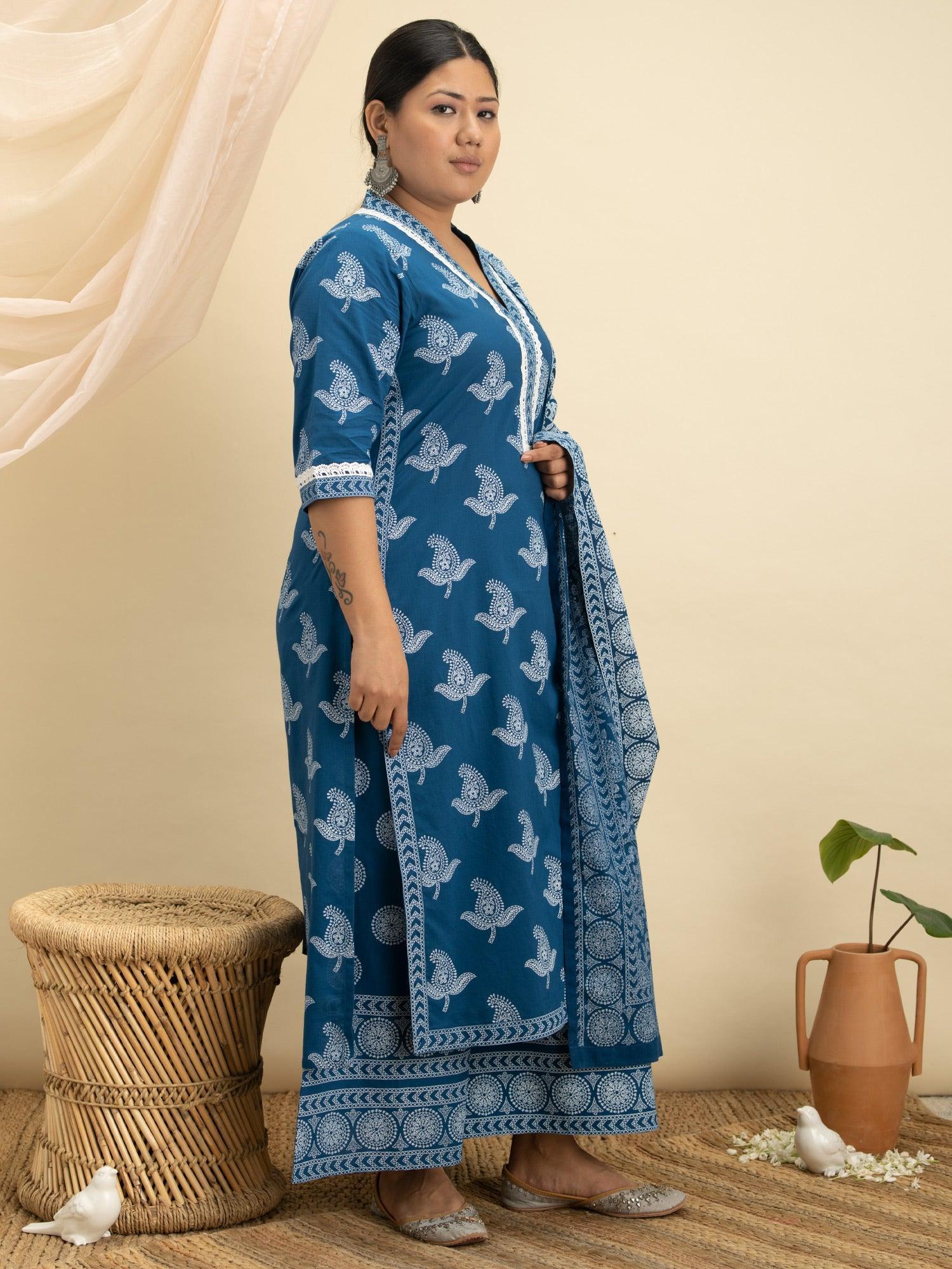 Plus Size Blue Printed Cotton Suit Set