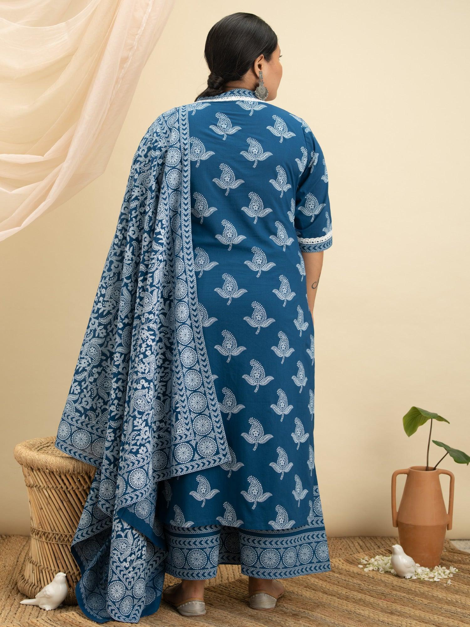 Plus Size Blue Printed Cotton Suit Set