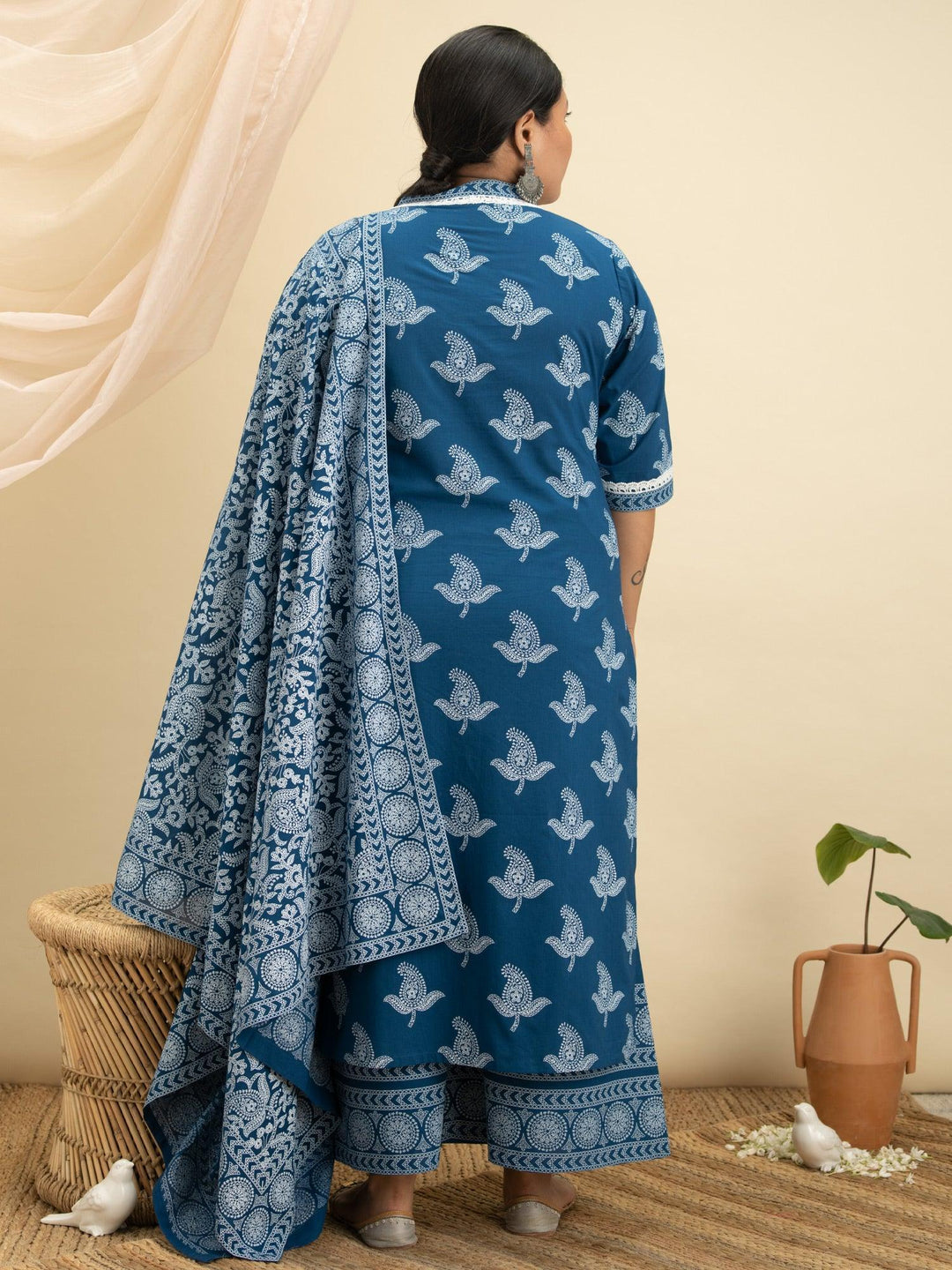 Plus Size Blue Printed Cotton Suit Set - ShopLibas