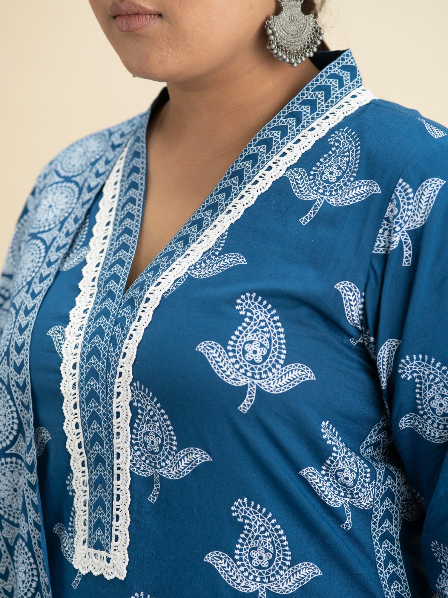 Plus Size Blue Printed Cotton Suit Set