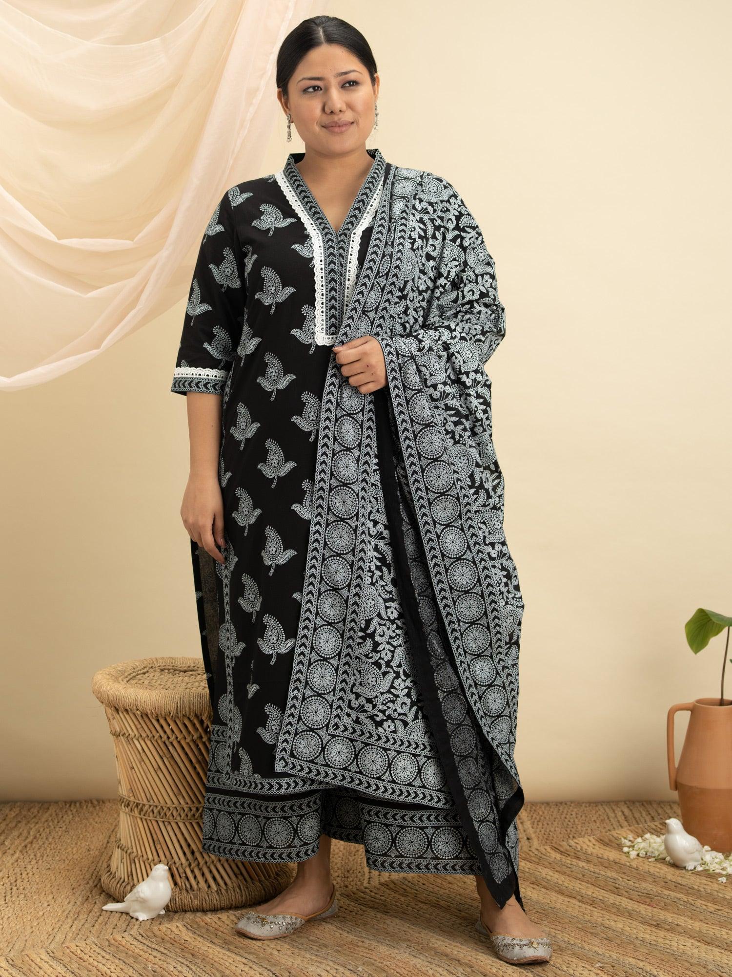 Plus Size Black Printed Cotton Suit Set