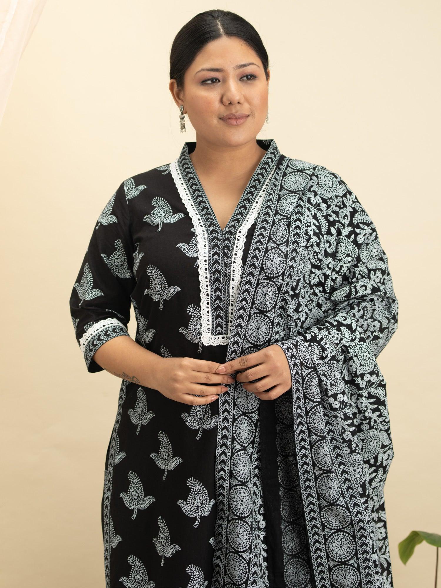 Plus Size Black Printed Cotton Suit Set