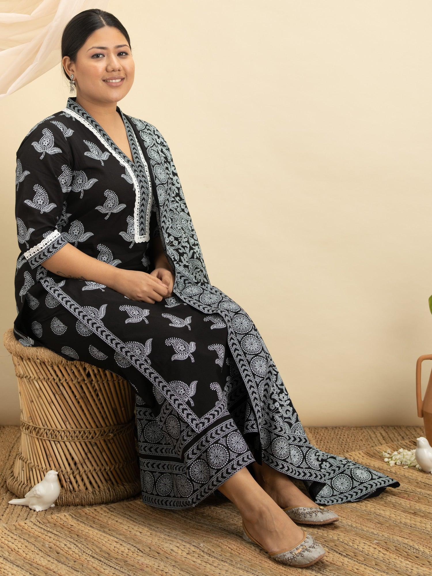 Plus Size Black Printed Cotton Suit Set