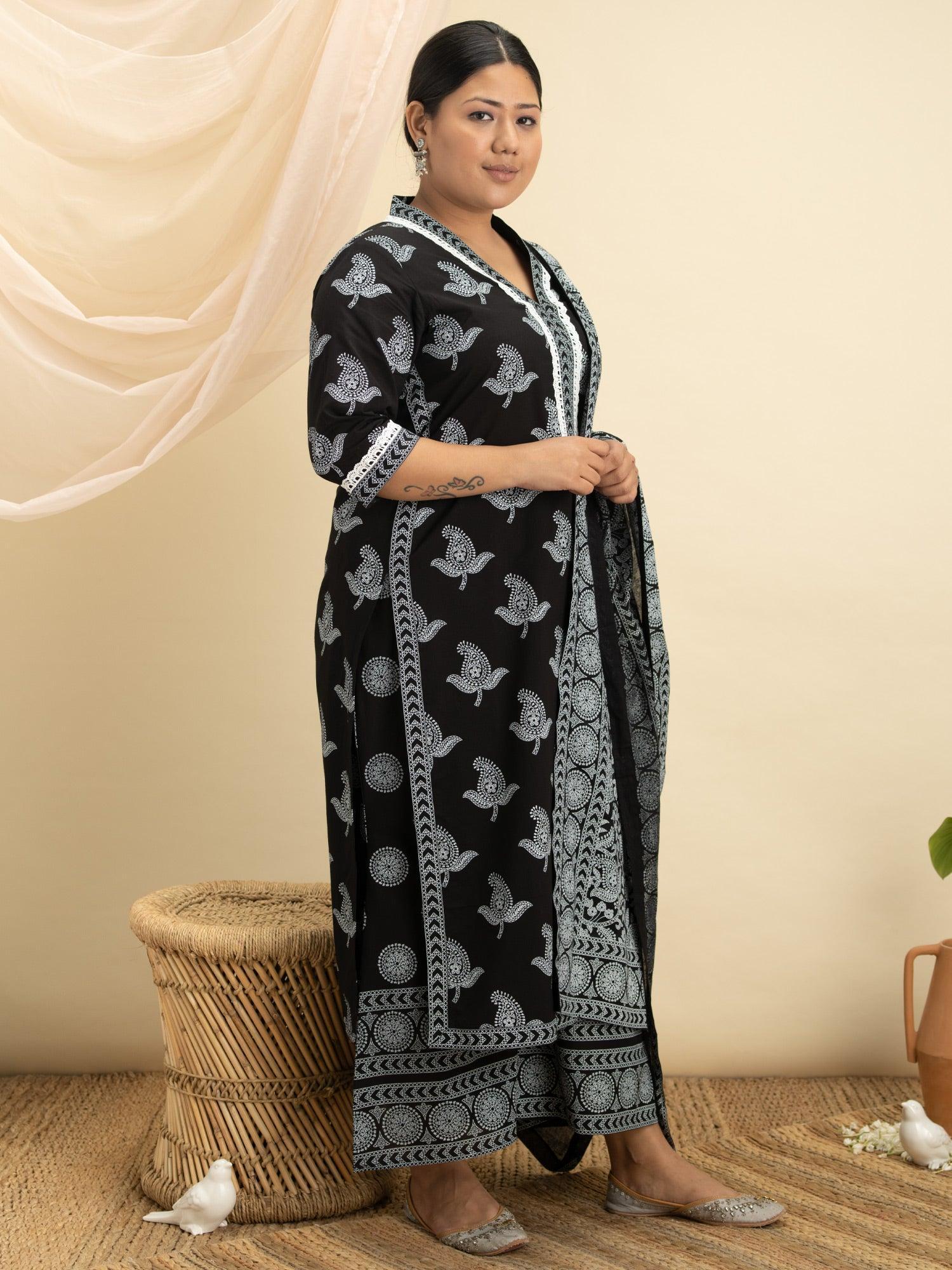 Plus Size Black Printed Cotton Suit Set