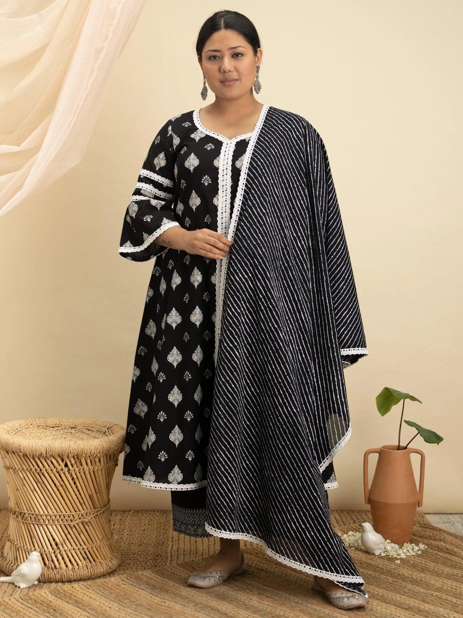 Plus Size Black Printed Cotton Suit Set