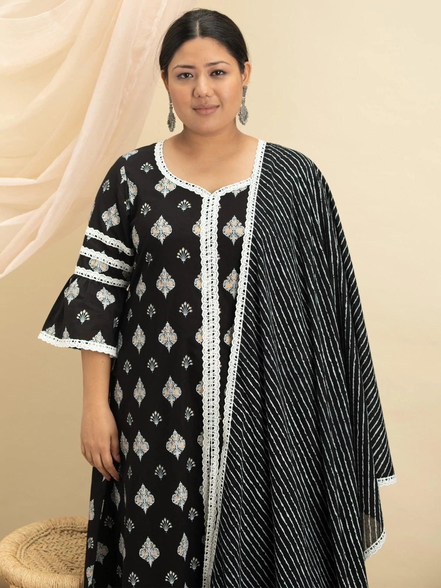 Plus Size Black Printed Cotton Suit Set