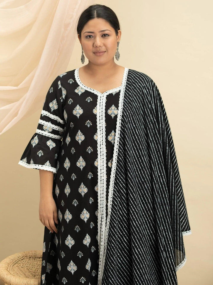 Plus Size Black Printed Cotton Suit Set - ShopLibas