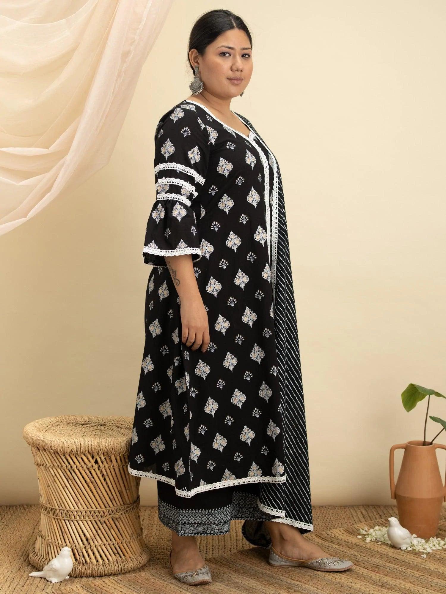 Plus Size Black Printed Cotton Suit Set