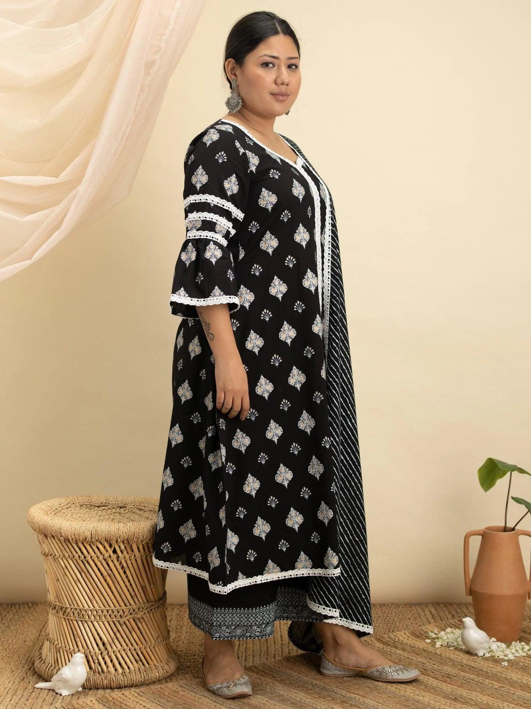 Plus Size Black Printed Cotton Suit Set - ShopLibas