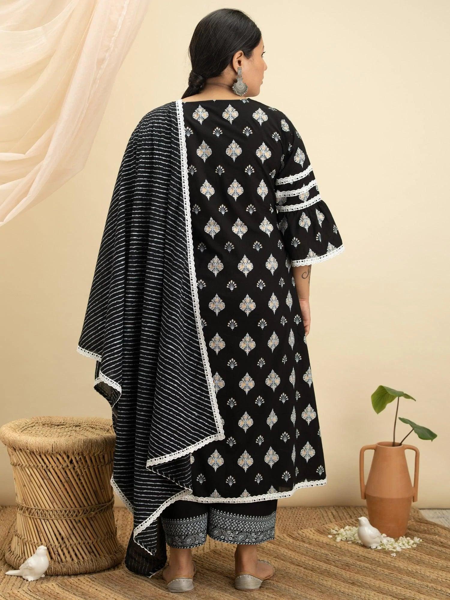 Plus Size Black Printed Cotton Suit Set