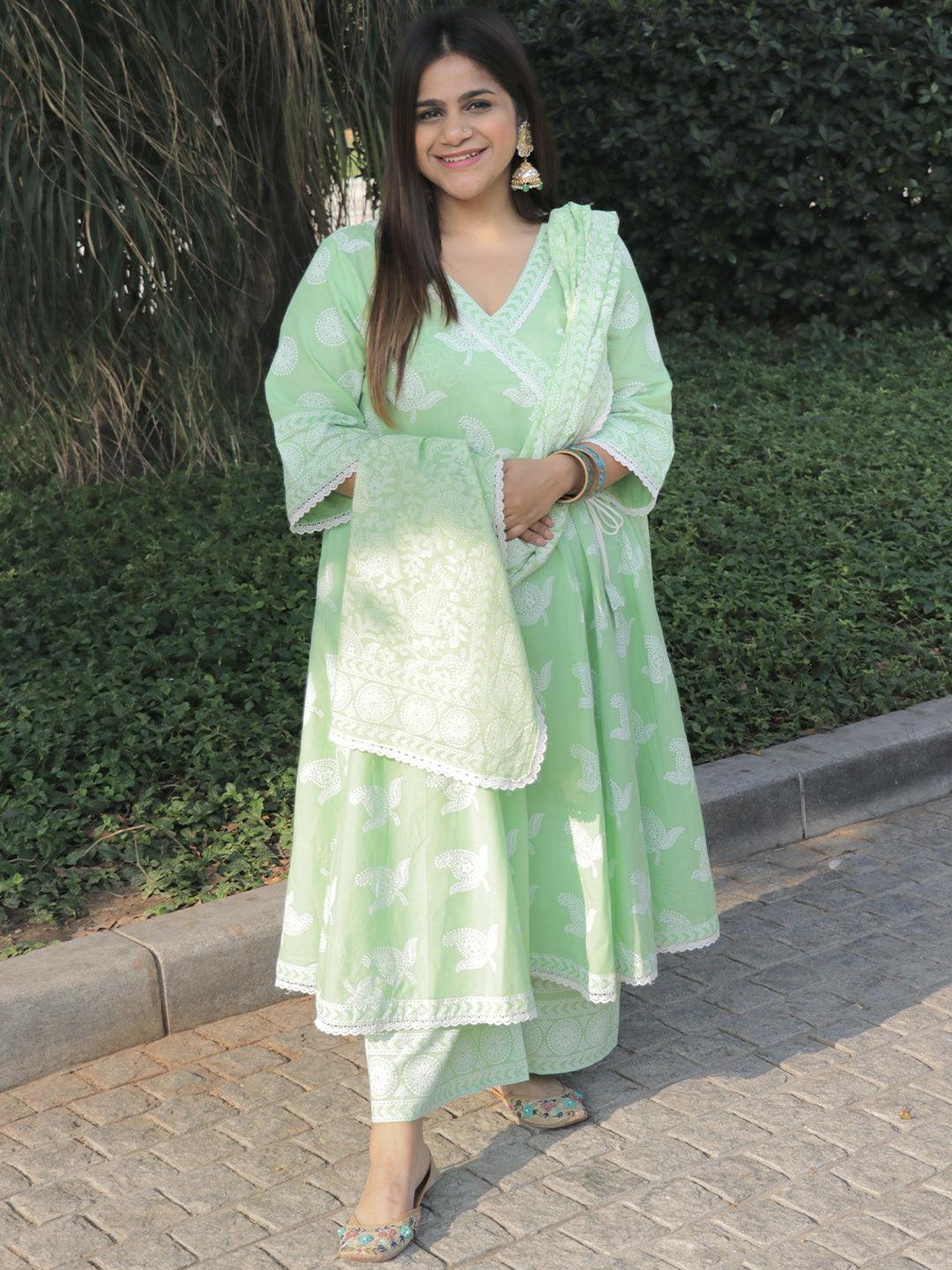 Plus Size Green Printed Cotton Suit Set