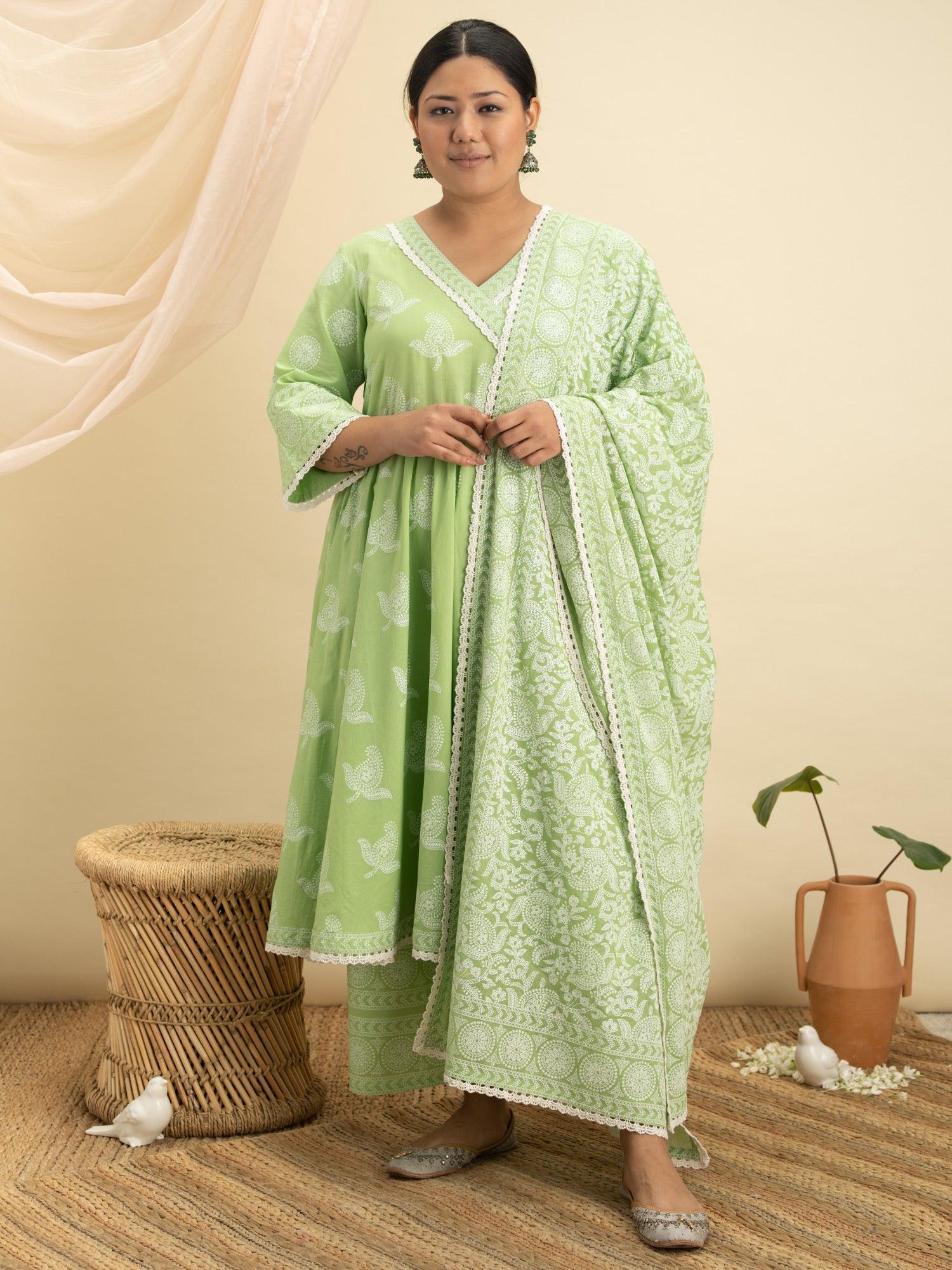 Plus Size Green Printed Cotton Suit Set